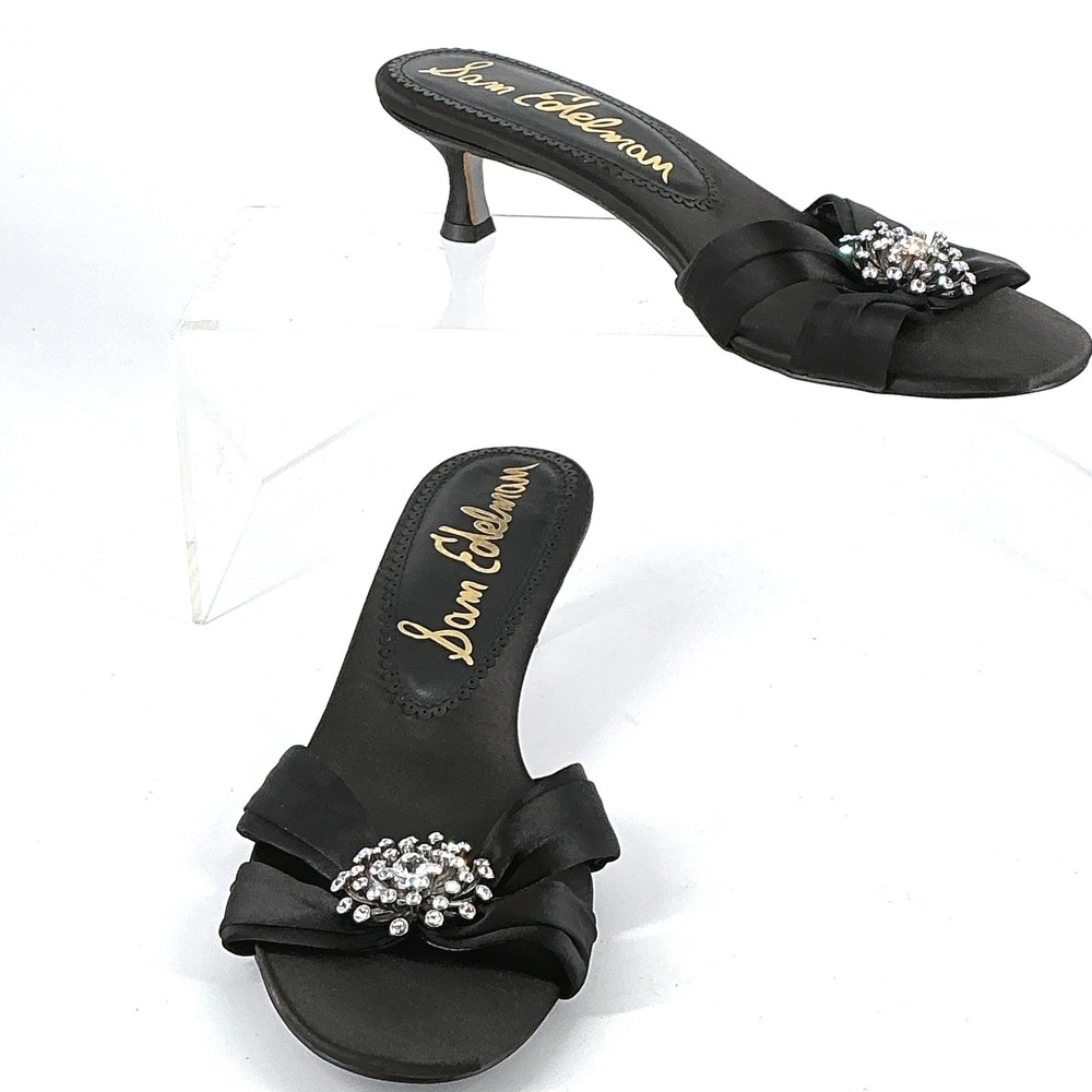 Sam Edelman Size 7 Black Satin Rhinestone Kitten Heel Mules NEW Cindie $140